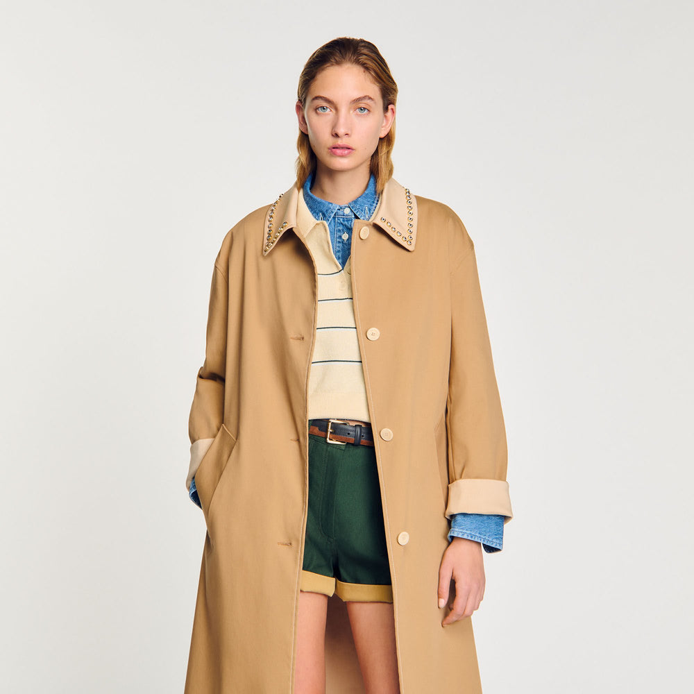 Sandro Women Trench coat with rhinestone collar