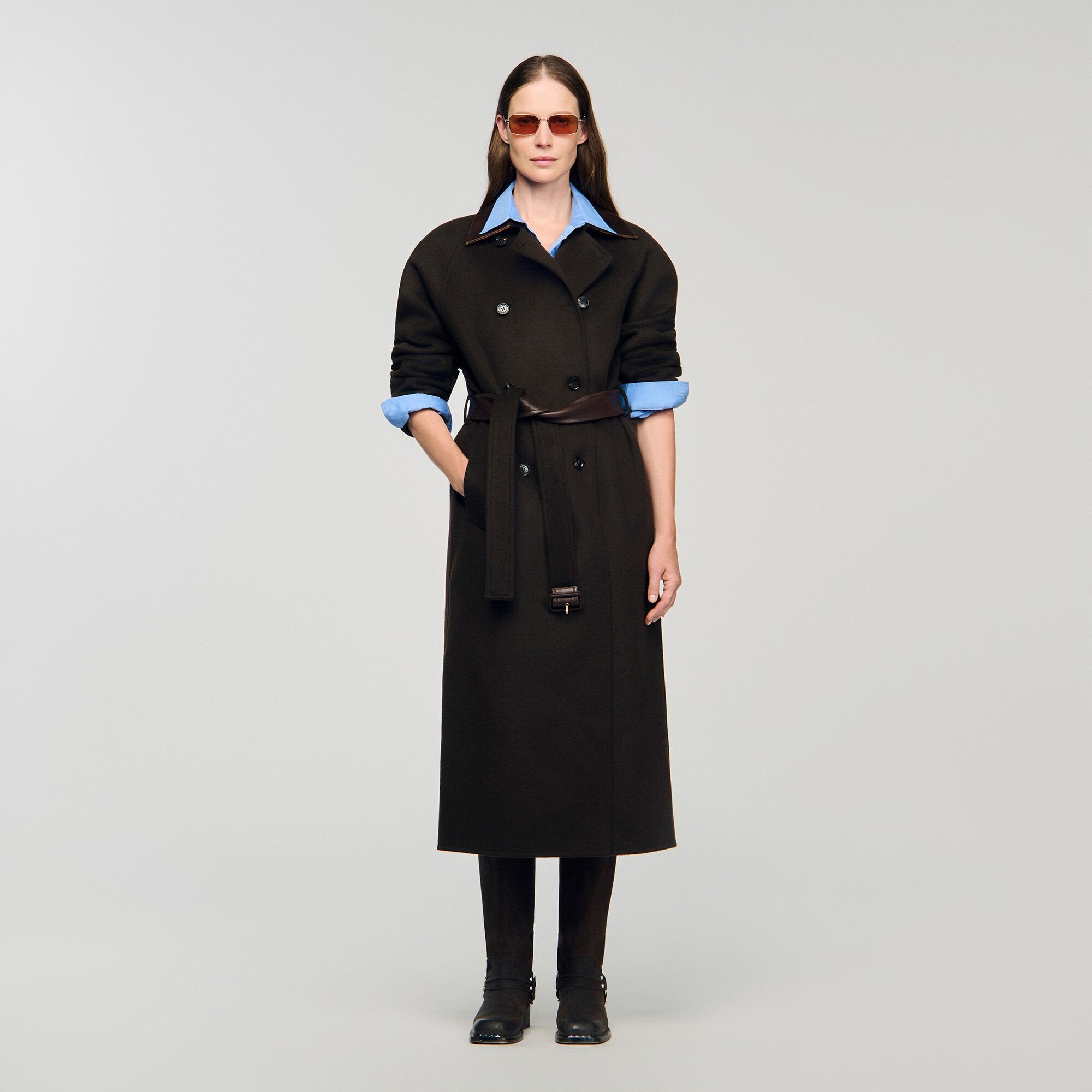 Sandro Women Long wool and leather coat