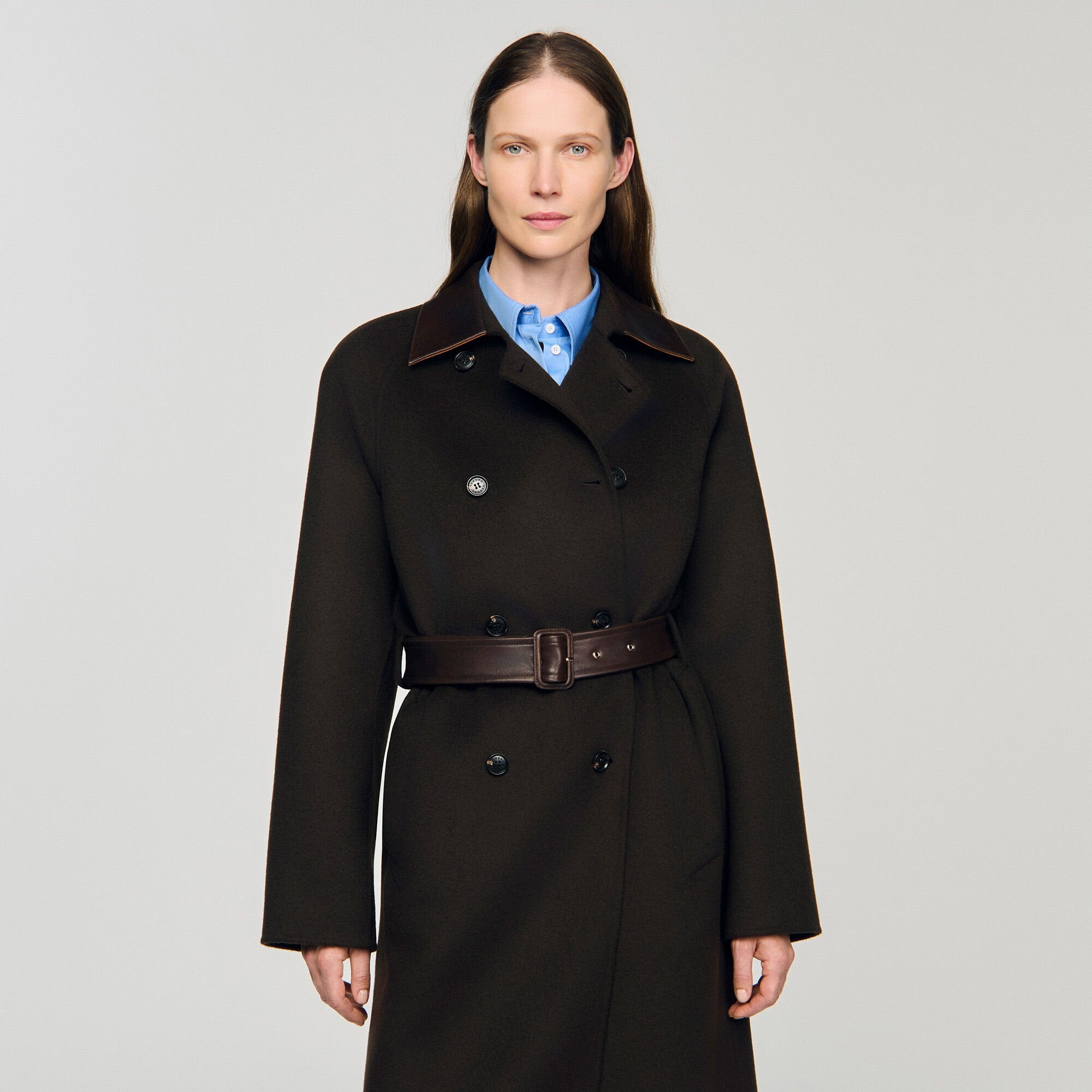 Sandro Women Long wool and leather coat