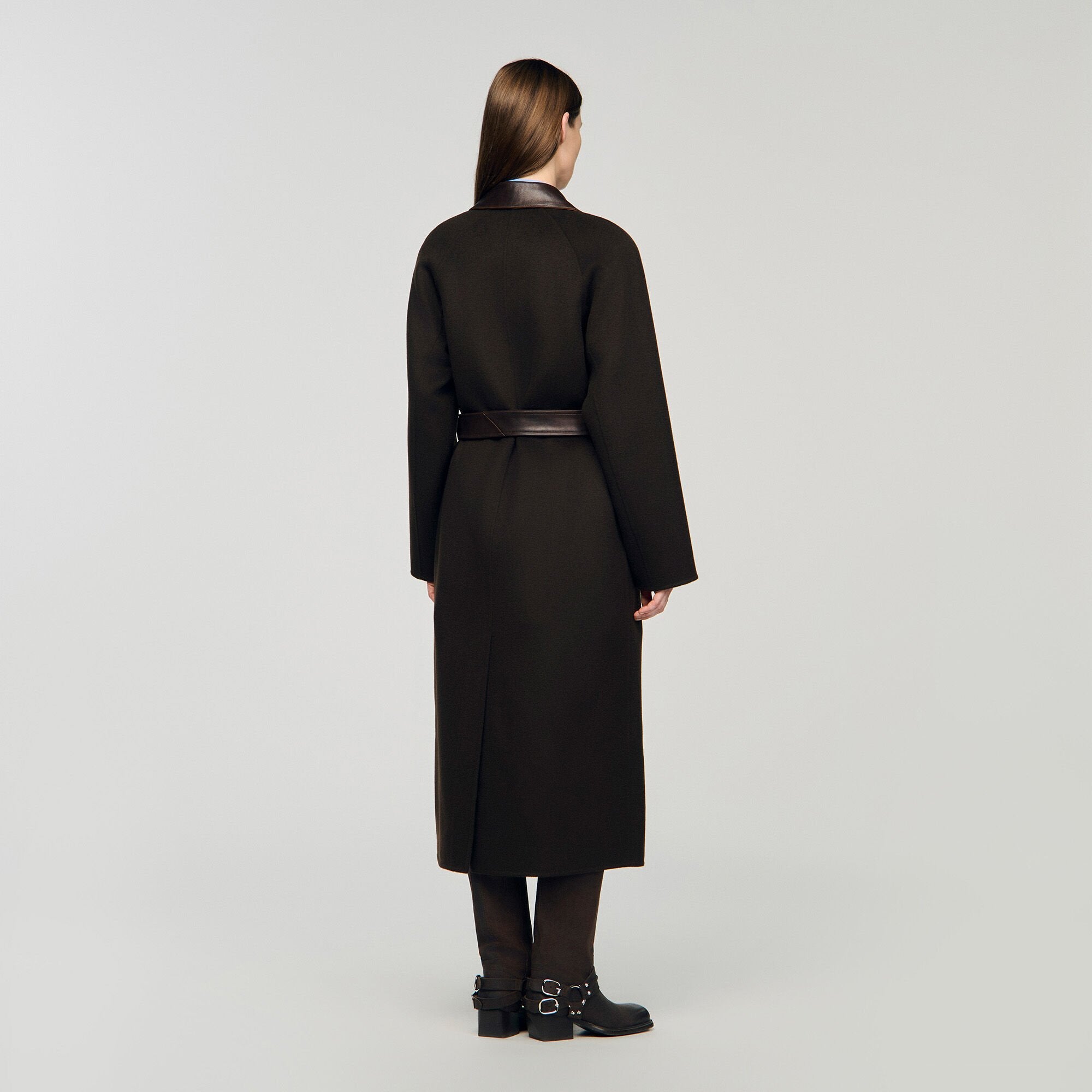 Sandro Women Long wool and leather coat