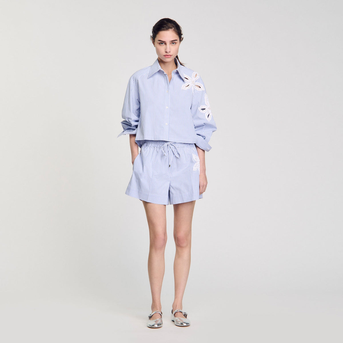 Sandro Women Striped shorts with flower detail