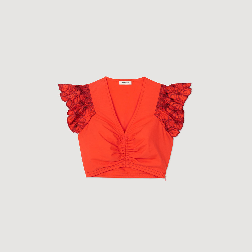 Sandro Women Crop top with embroidered sleeves