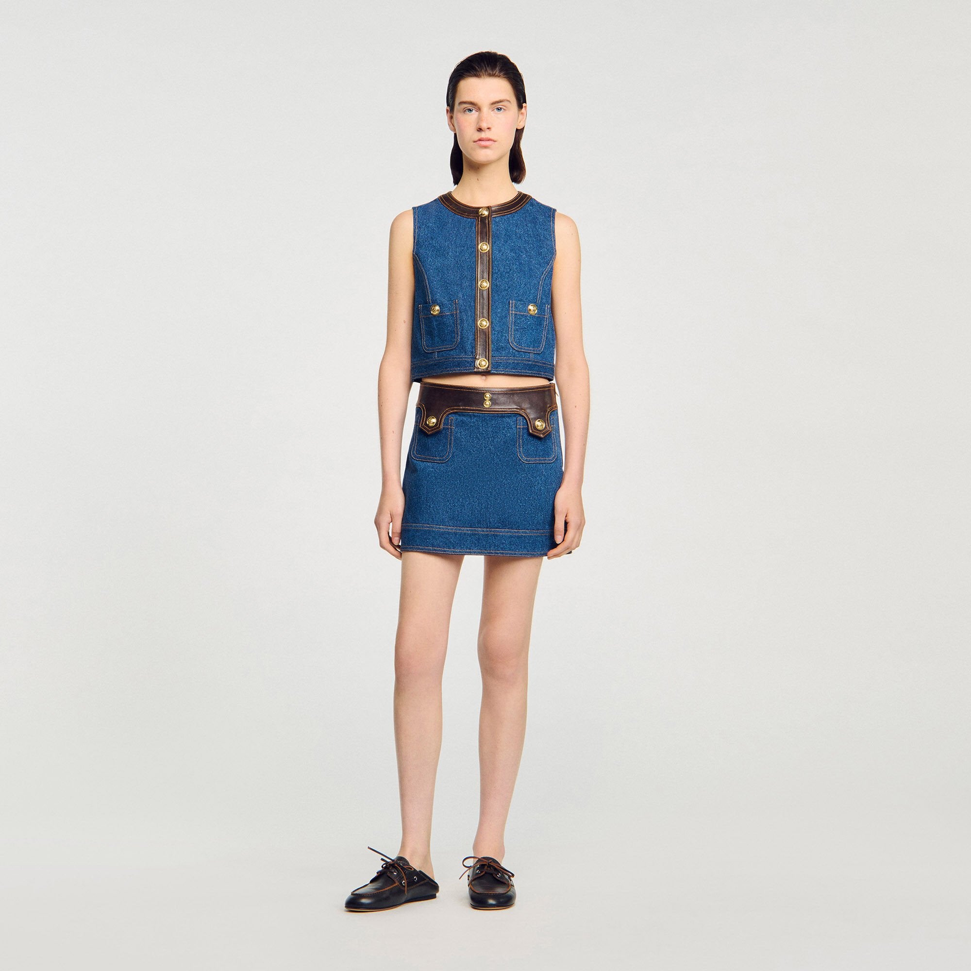 Sandro Women Denim and leather top
