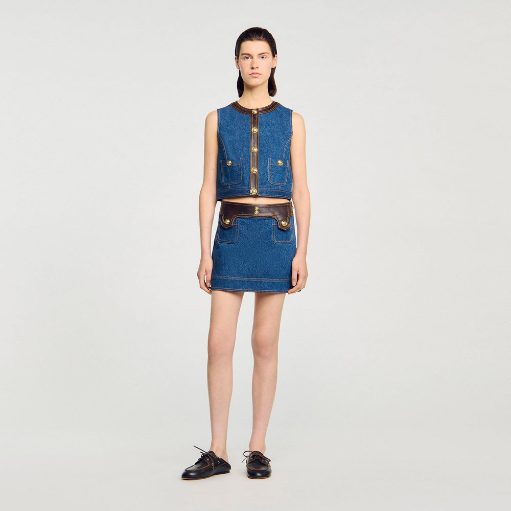 Sandro Women Denim and leather top