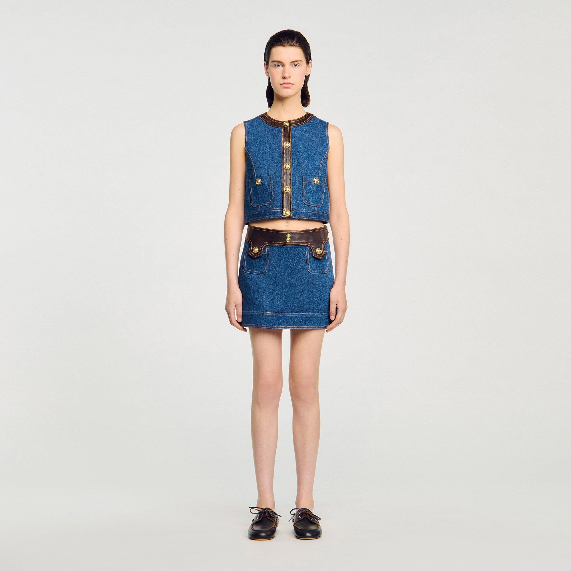 Sandro Women Denim and leather top
