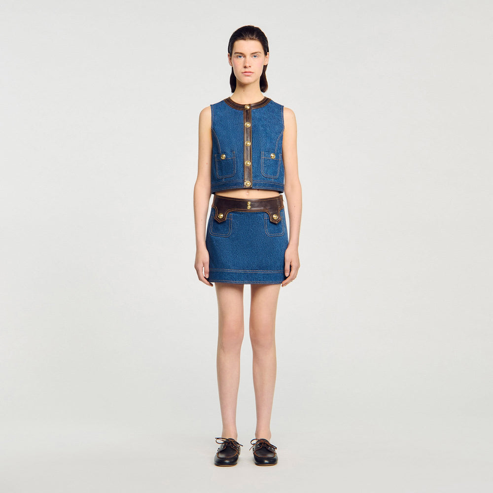 Sandro Women Denim and leather top