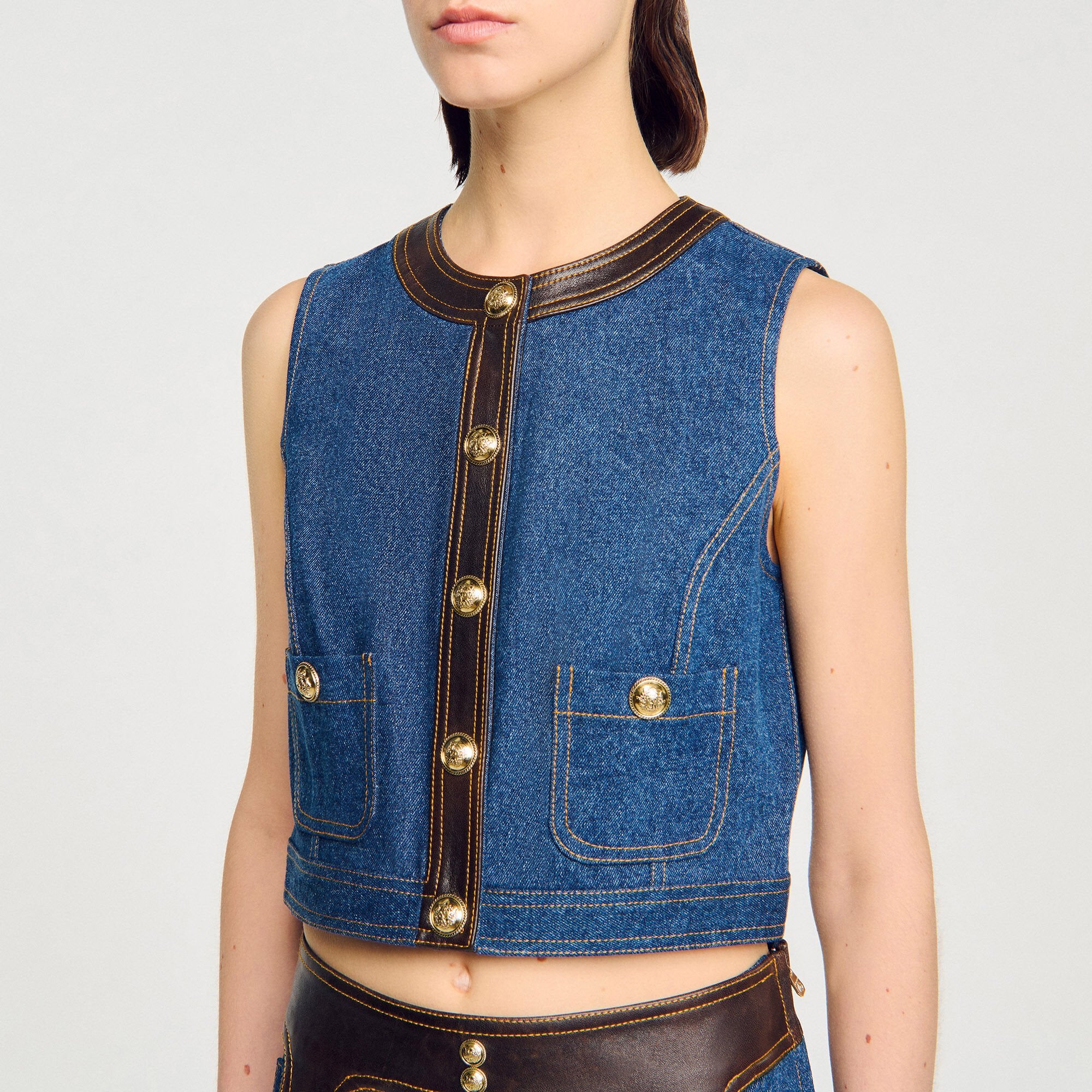 Sandro Women Denim and leather top