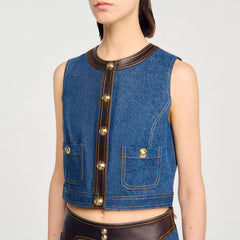 Sandro Women Denim and leather top