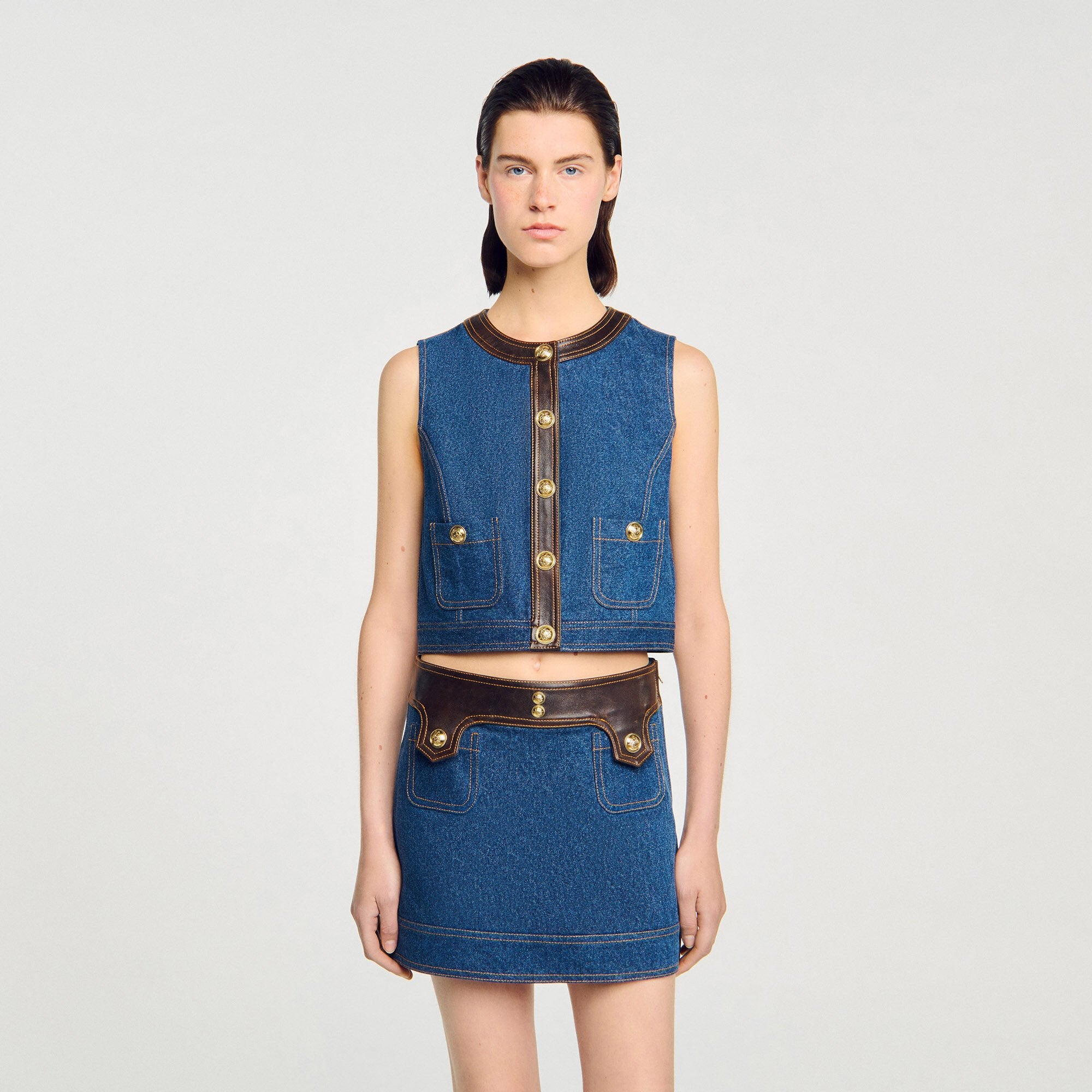 Sandro Women Denim and leather top