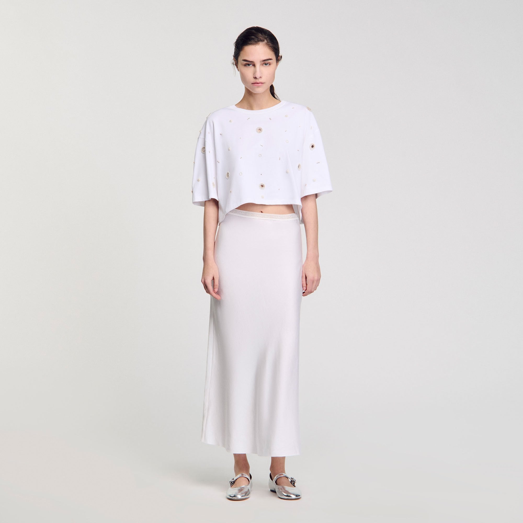 Sandro Women Cropped pearl bead T-shirt