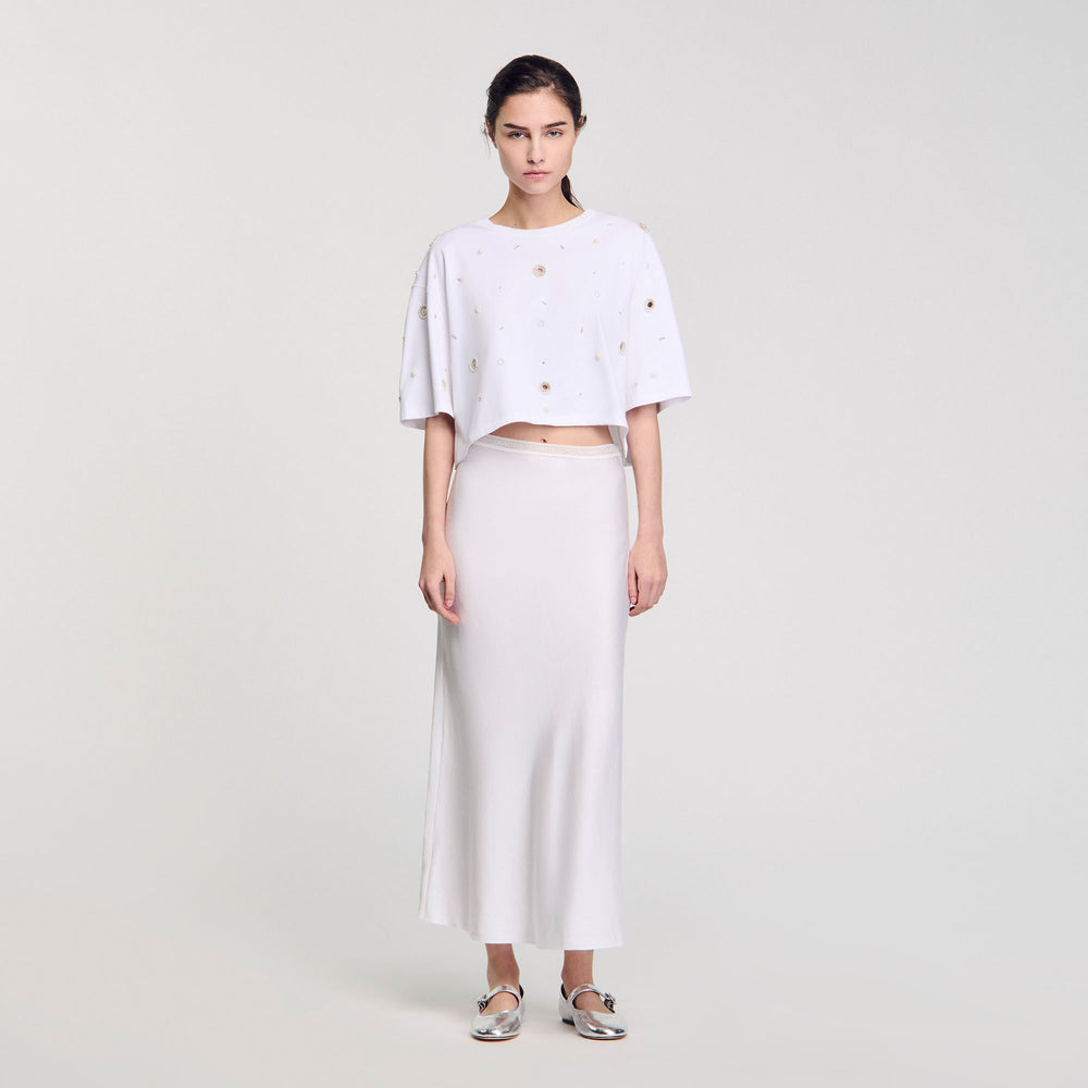 Sandro Women Cropped pearl bead T-shirt