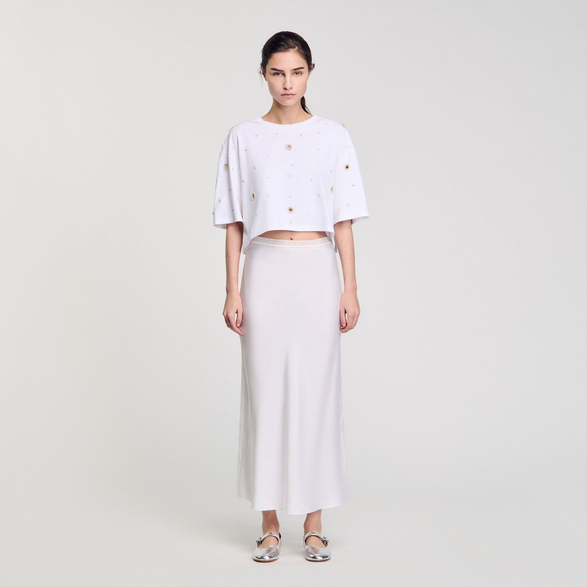 Sandro Women Cropped pearl bead T-shirt