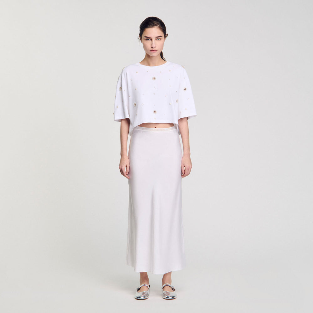 Sandro Women Cropped pearl bead T-shirt