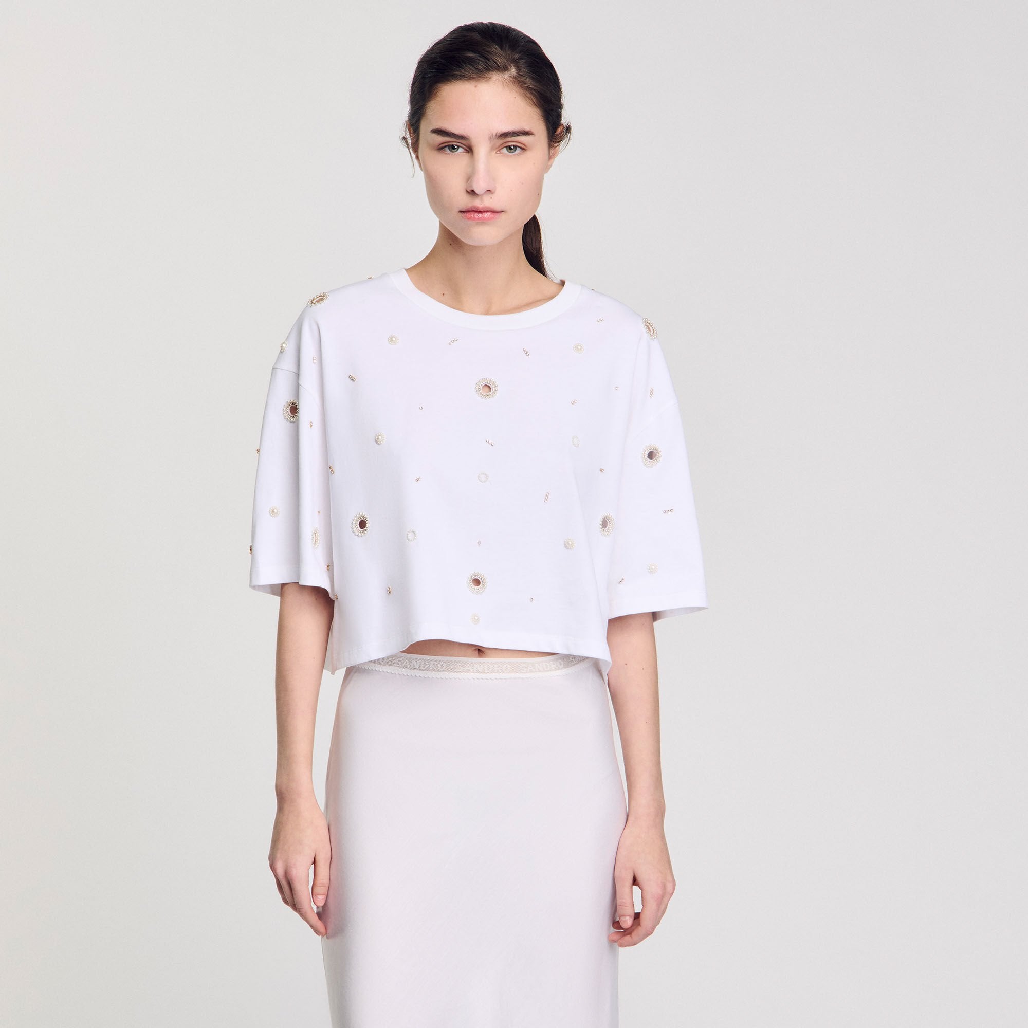 Sandro Women Cropped pearl bead T-shirt