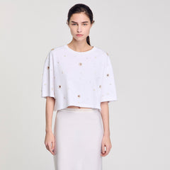 Sandro Women Cropped pearl bead T-shirt