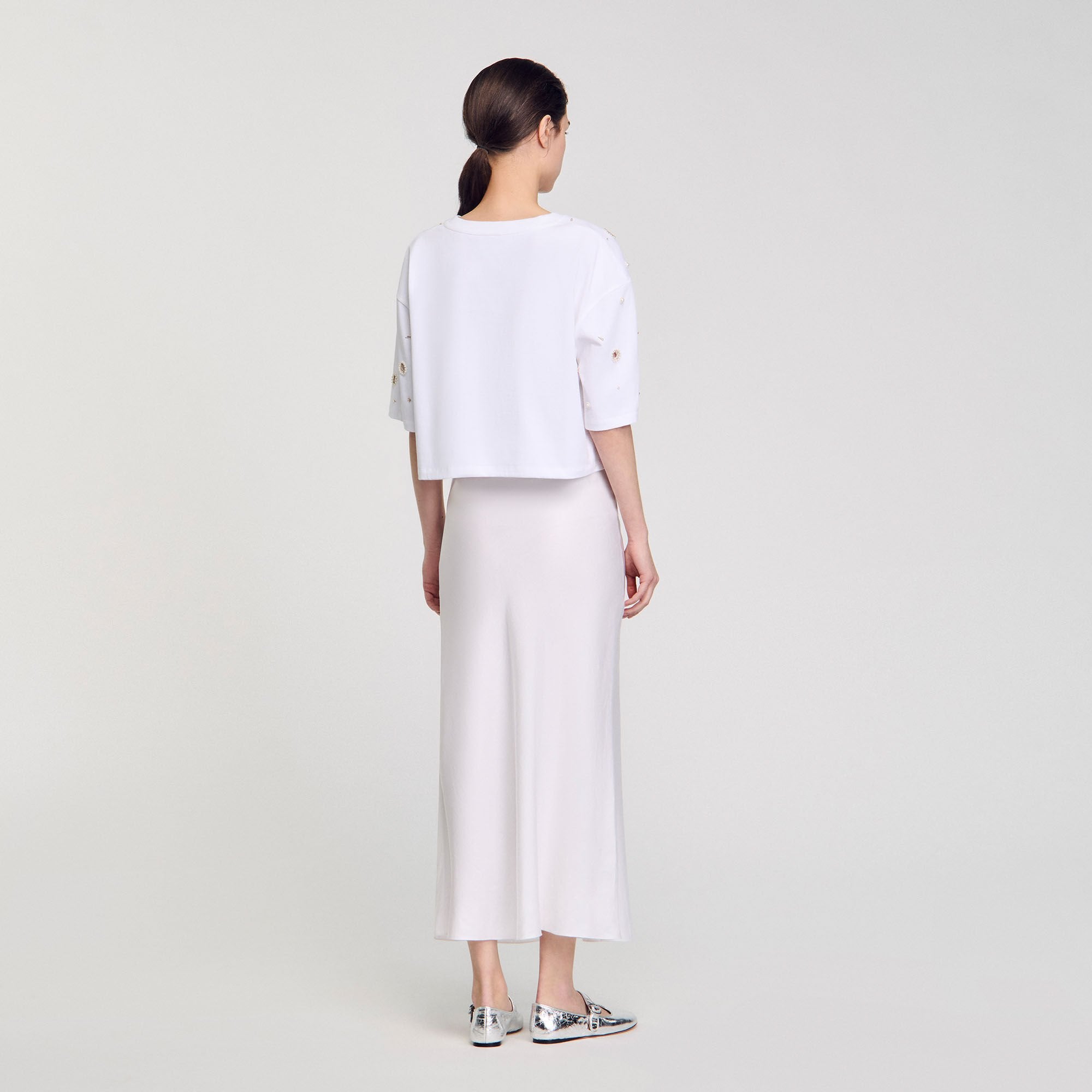 Sandro Women Cropped pearl bead T-shirt