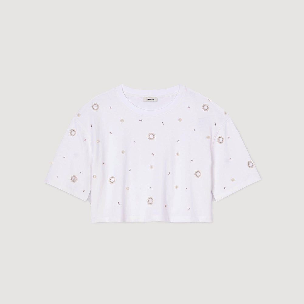 Sandro Women Cropped pearl bead T-shirt
