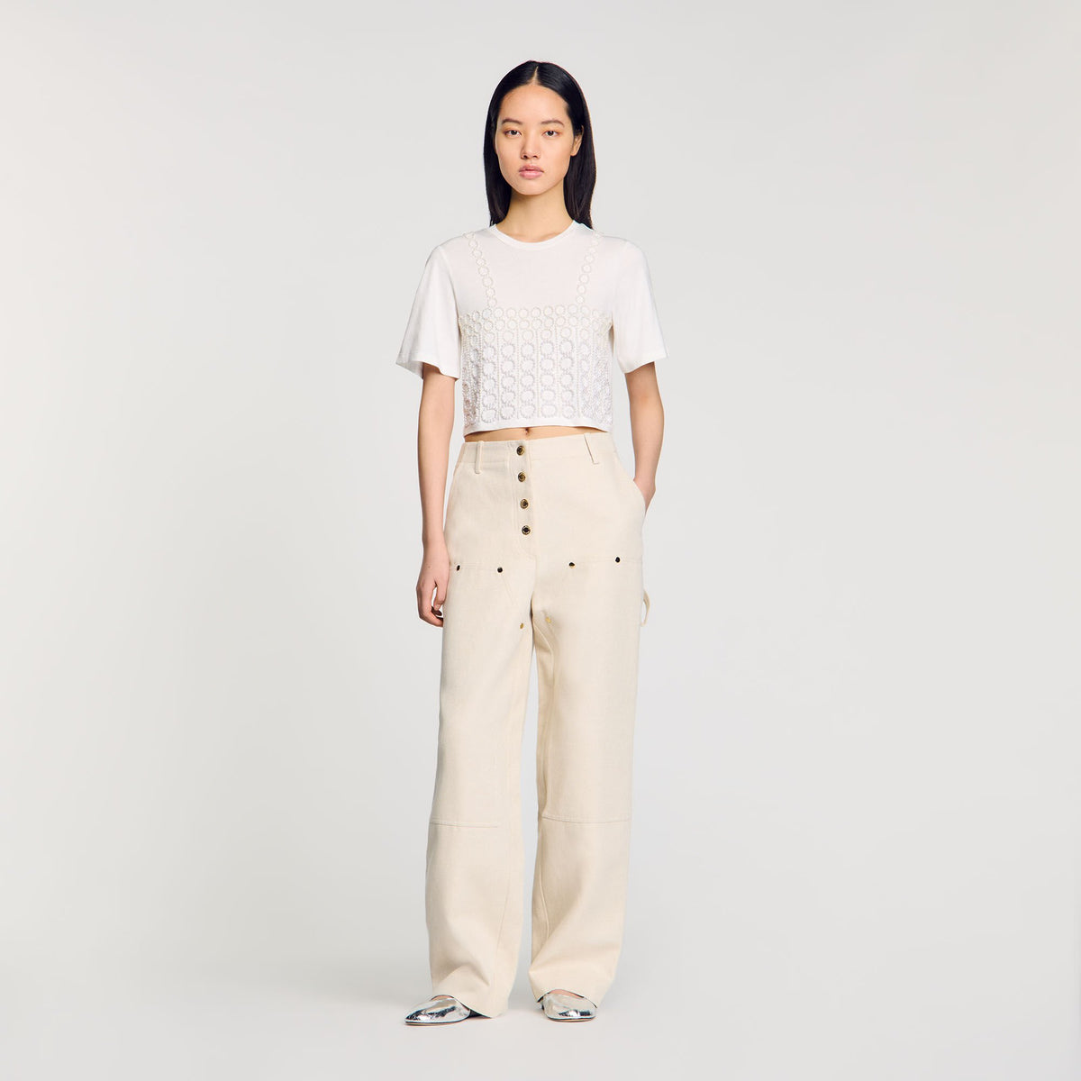 Sandro Women Beaded cropped T-shirt
