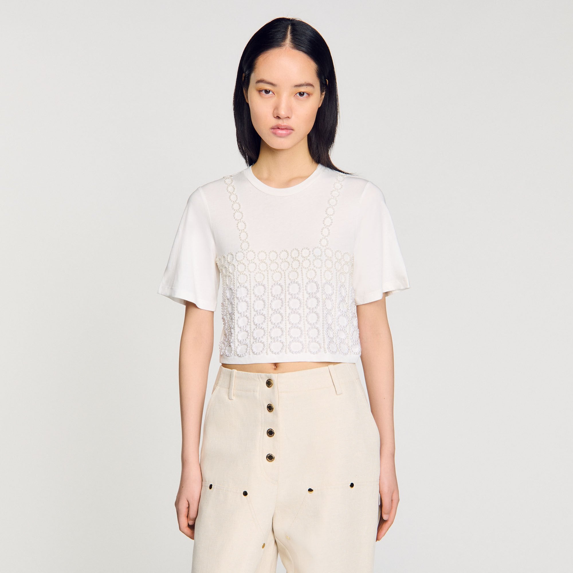 Sandro Women Beaded cropped T-shirt