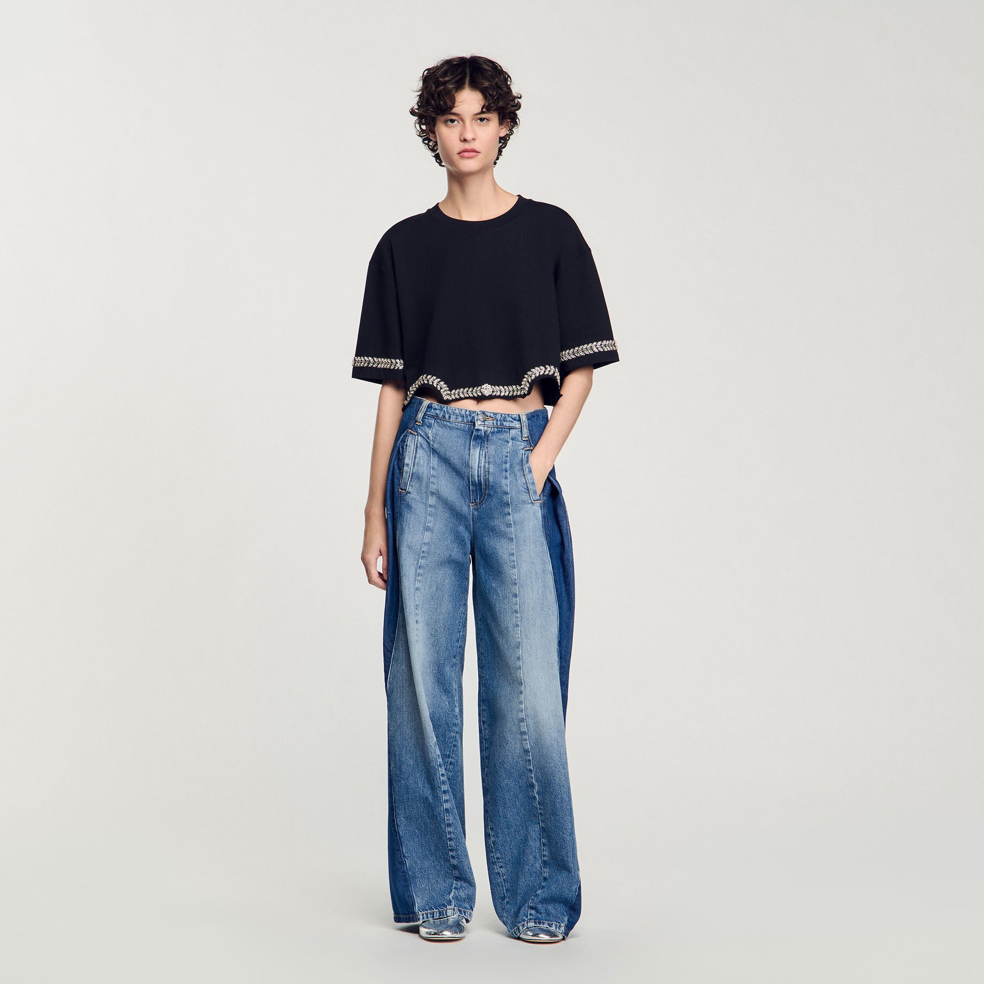 Sandro Women Rhinestone cropped T-shirt