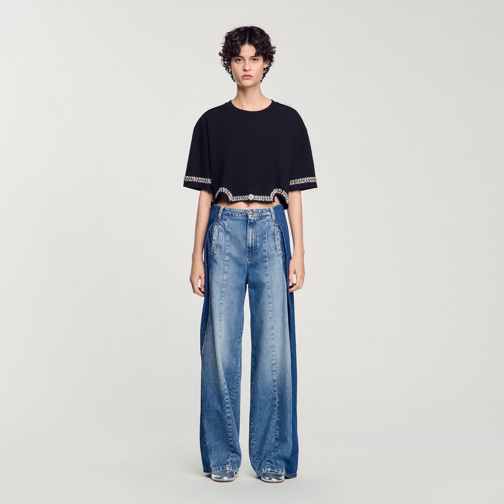 Sandro Women Rhinestone cropped T-shirt