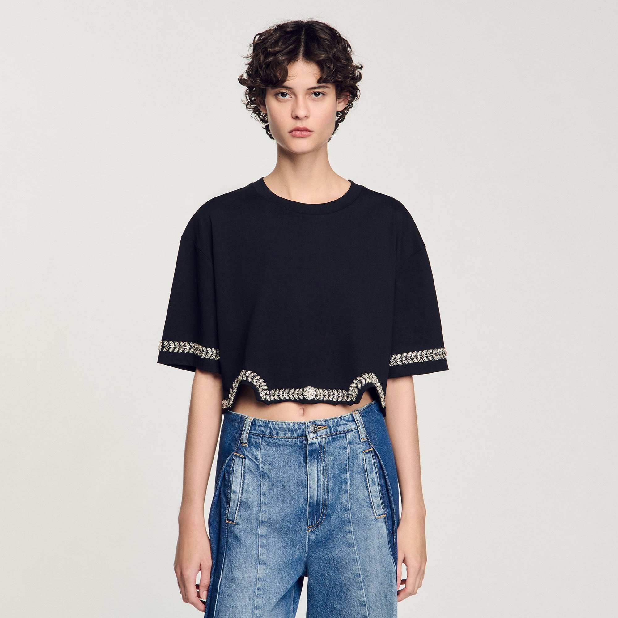 Sandro Women Rhinestone cropped T-shirt