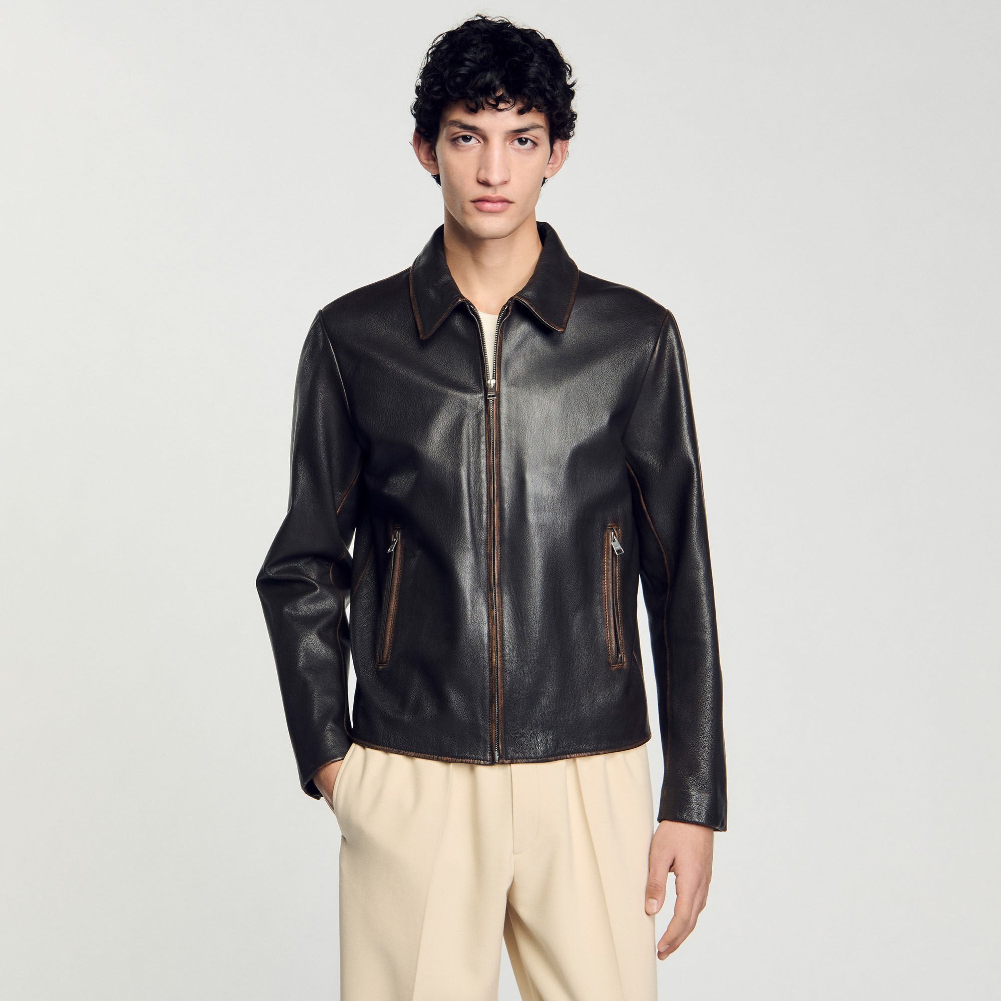 Sandro Men Distressed-look leather jacket